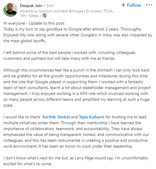 Deepak jain, google employee losses job